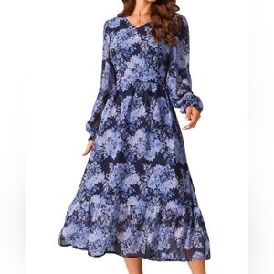 Kohl's Navy and Light Blue Floral Long Sleeve Dress